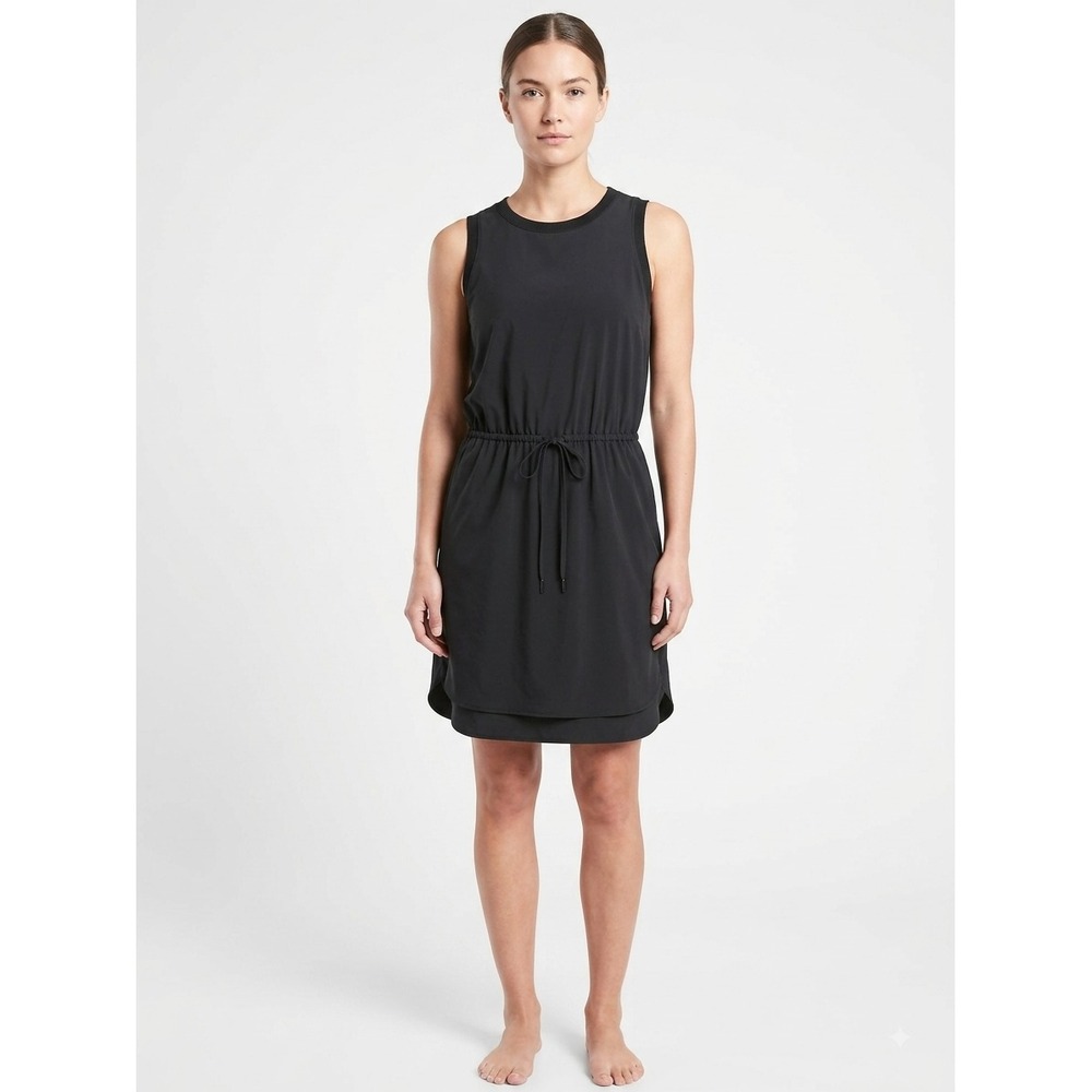 Athleta Rincon Jersey Dress Womens Medium Tall Black Sleeveless Drawstring Waist